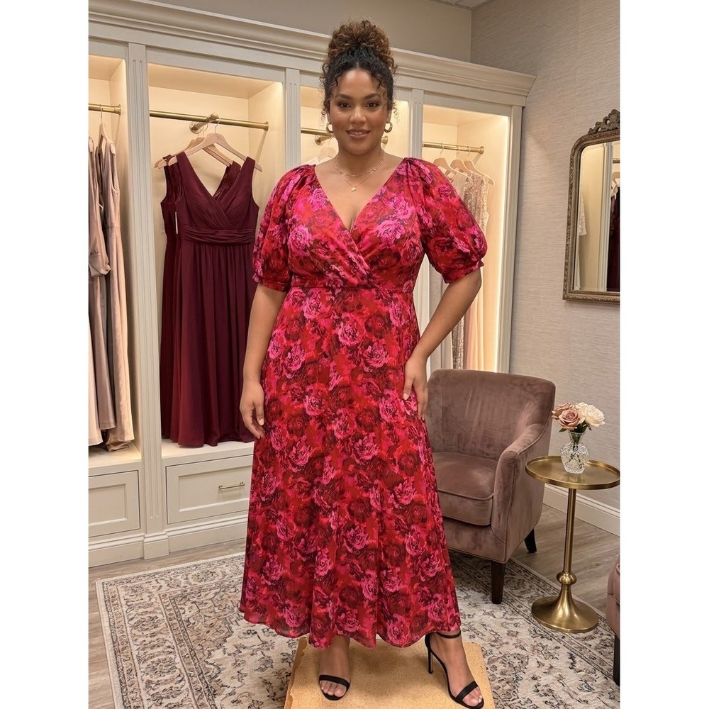 Maison Tara Pink Red Floral Maxi Dress Short Puff Sleeve Wrap V-Neck Size 14